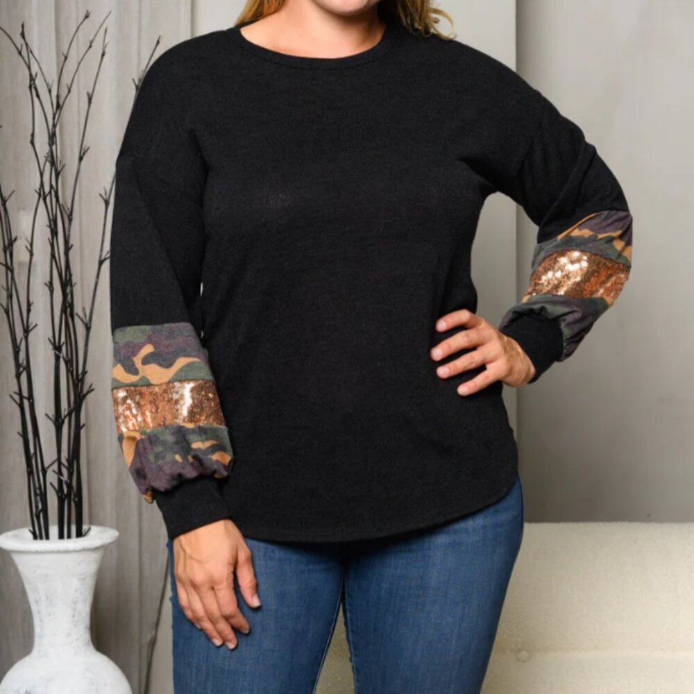 NWT Camo & Sparkle Statement Sleeve Sweater